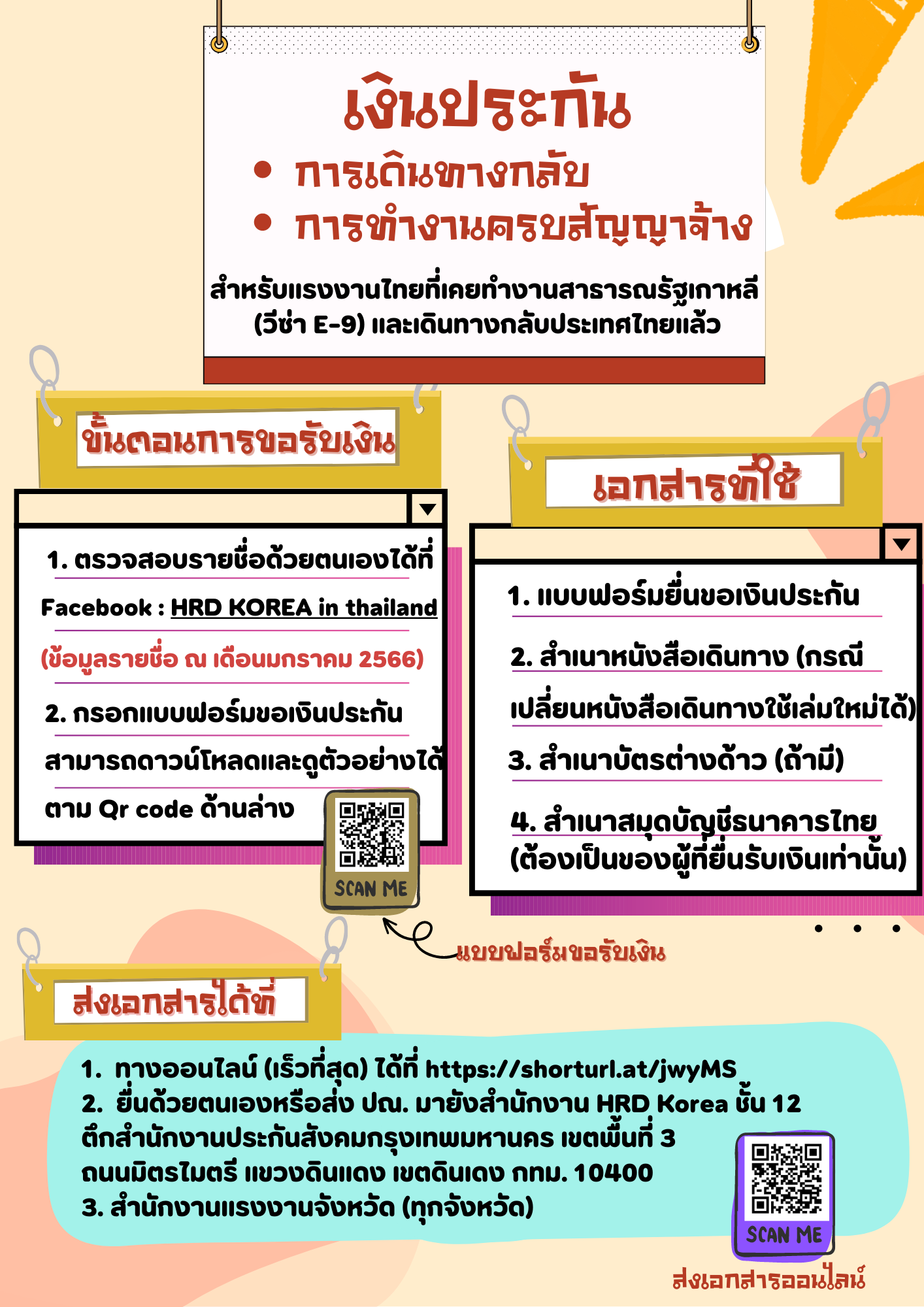 การรับเงินประกันการเดินทางกลับและเงินประกันการทำงานครบสัญญาจ้างของแรงงานไทยที่เคยทำงานสาธารณรัฐเกาหลี(วีซ่า-E9) และเดินทางกลับประเทศไทยแล้ว